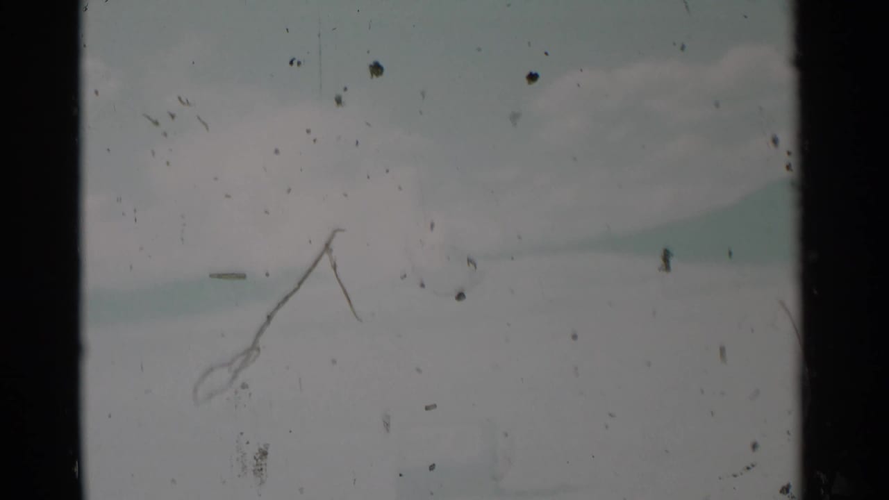 Washed-out horizon and cloudy sky with dust and scratches across the frame.