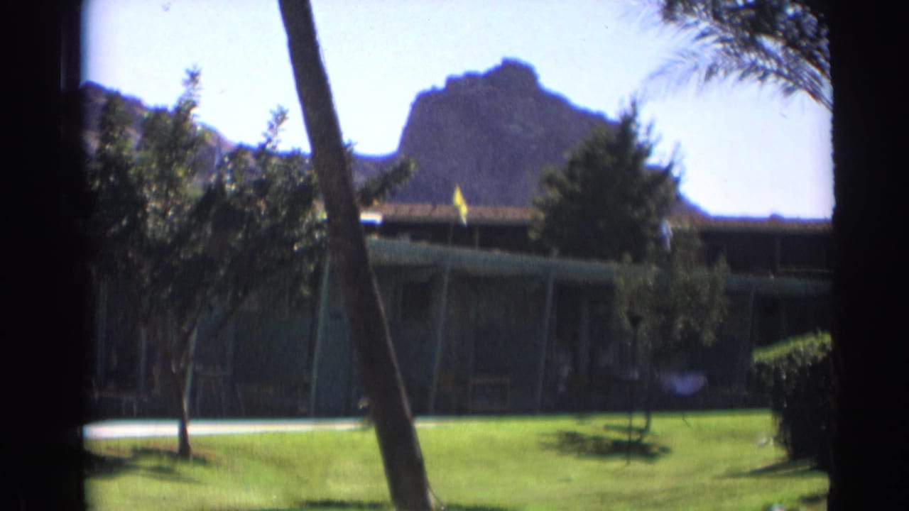 Soft 8mm view of a motel lawn with palm trees and a rocky mountain behind it.