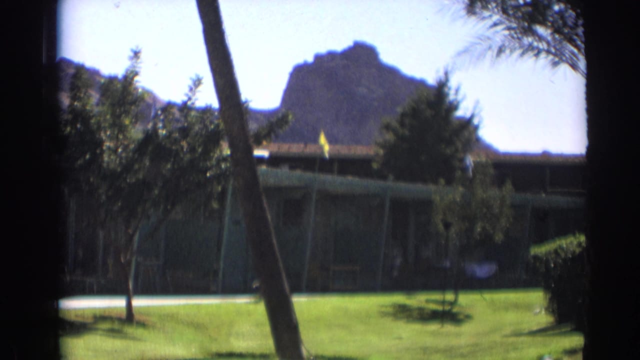 Motel grounds with lawn, trees, palm trunk, and mountain silhouette in bright daylight.