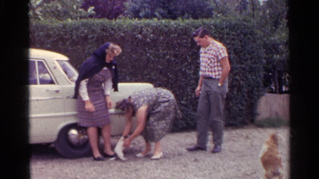 In 1961 Germany home-movie footage, two women and a man gather by a white car while one woman bends to pet a small puppy.
