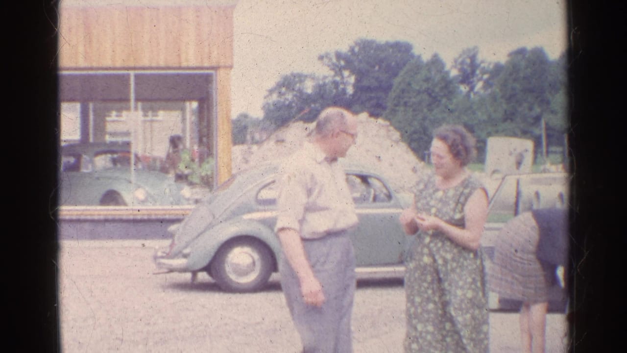 Older man turns toward a woman beside a green Volkswagen Beetle.
