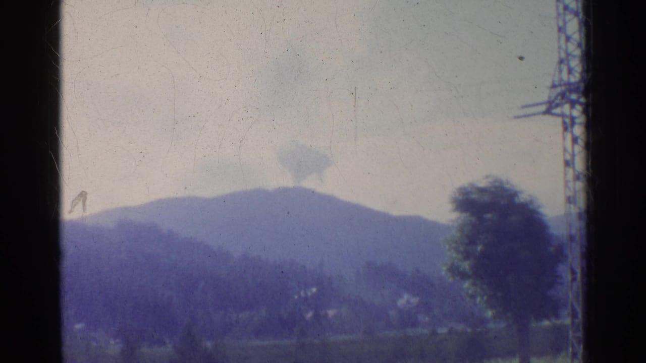 1961 Germany home-movie landscape with hazy mountains, rural fields, a large tree, distant village structures, and a partial pylon.