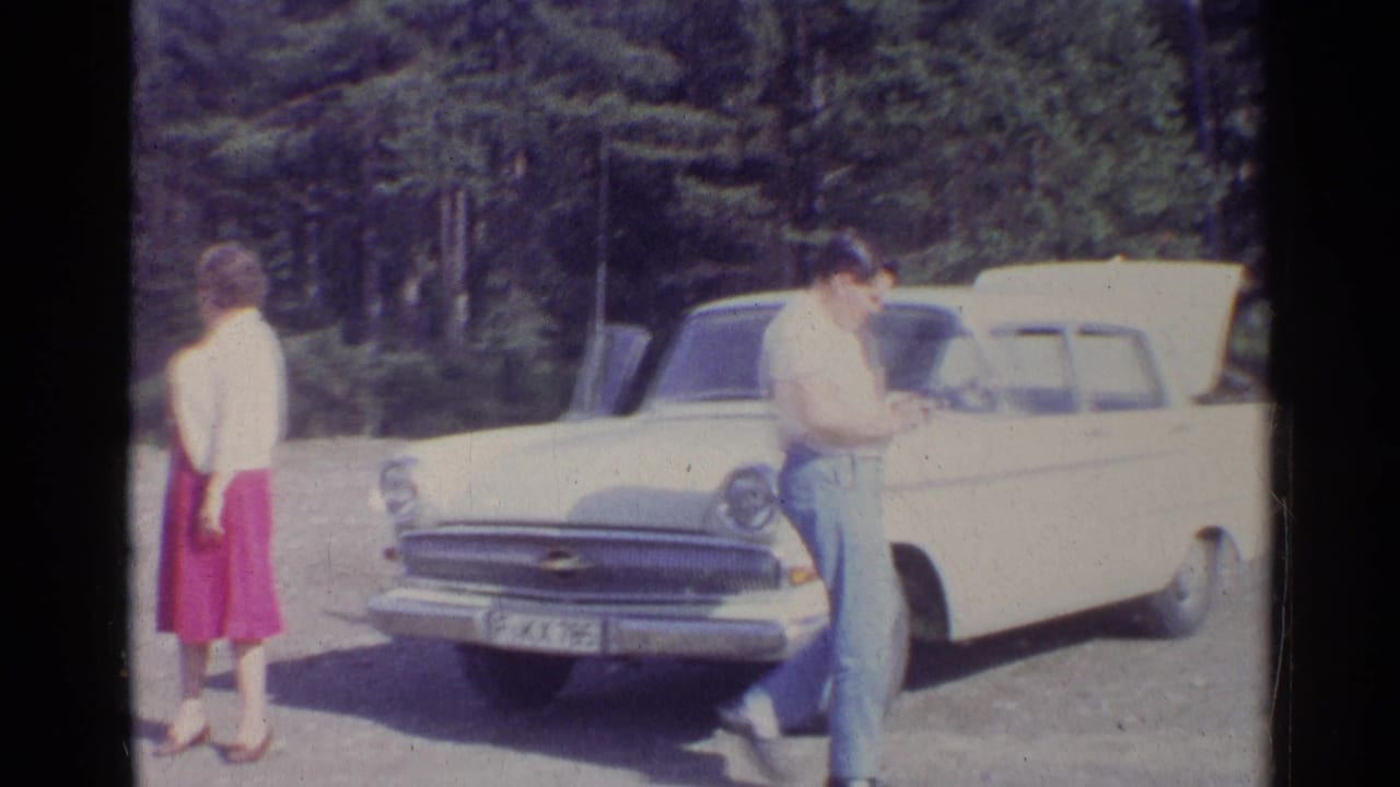 A woman in a pink dress and a man with a camera stand near the front of a white vintage sedan at a wooded roadside in Germany.