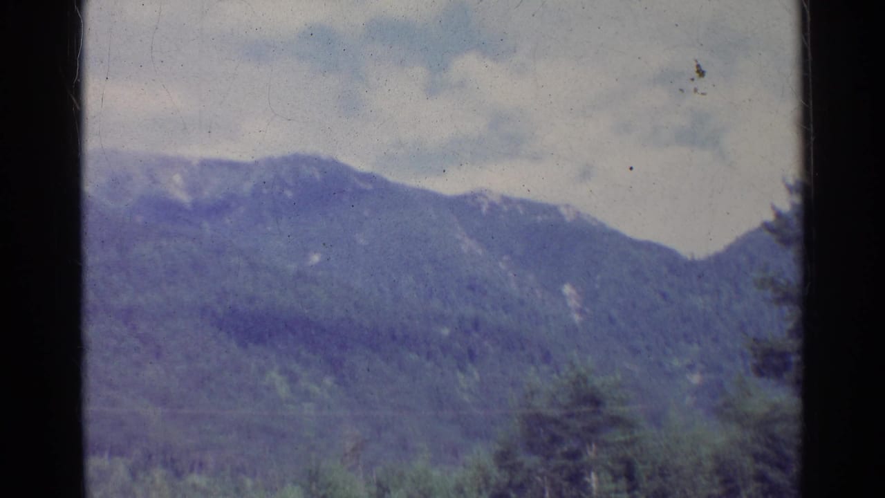 The clip cuts to a soft 8mm view of wooded mountains under a cloudy sky, likely part of the same Germany travel sequence.