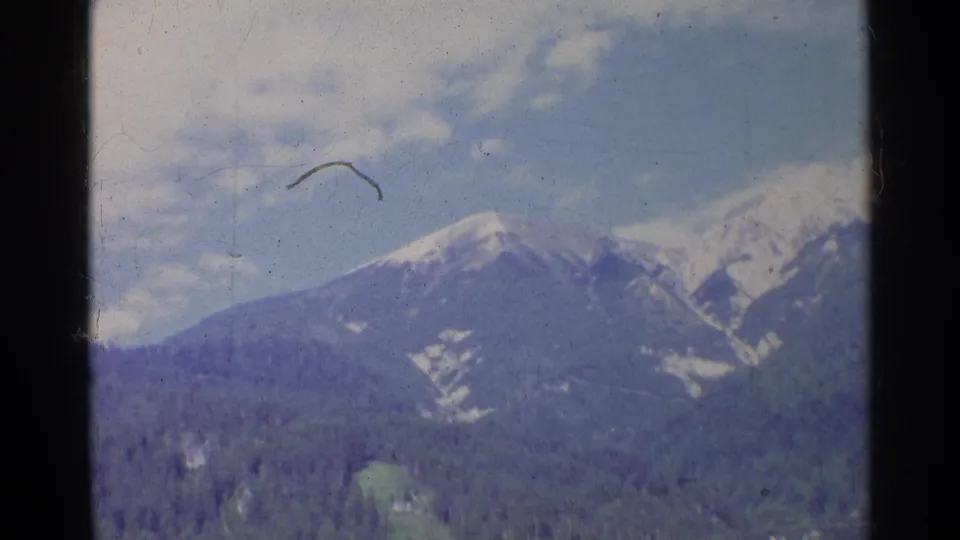 1961 Germany 8mm frame of snow-capped mountains over a forested valley, with dust and a curved scratch visible in the sky.