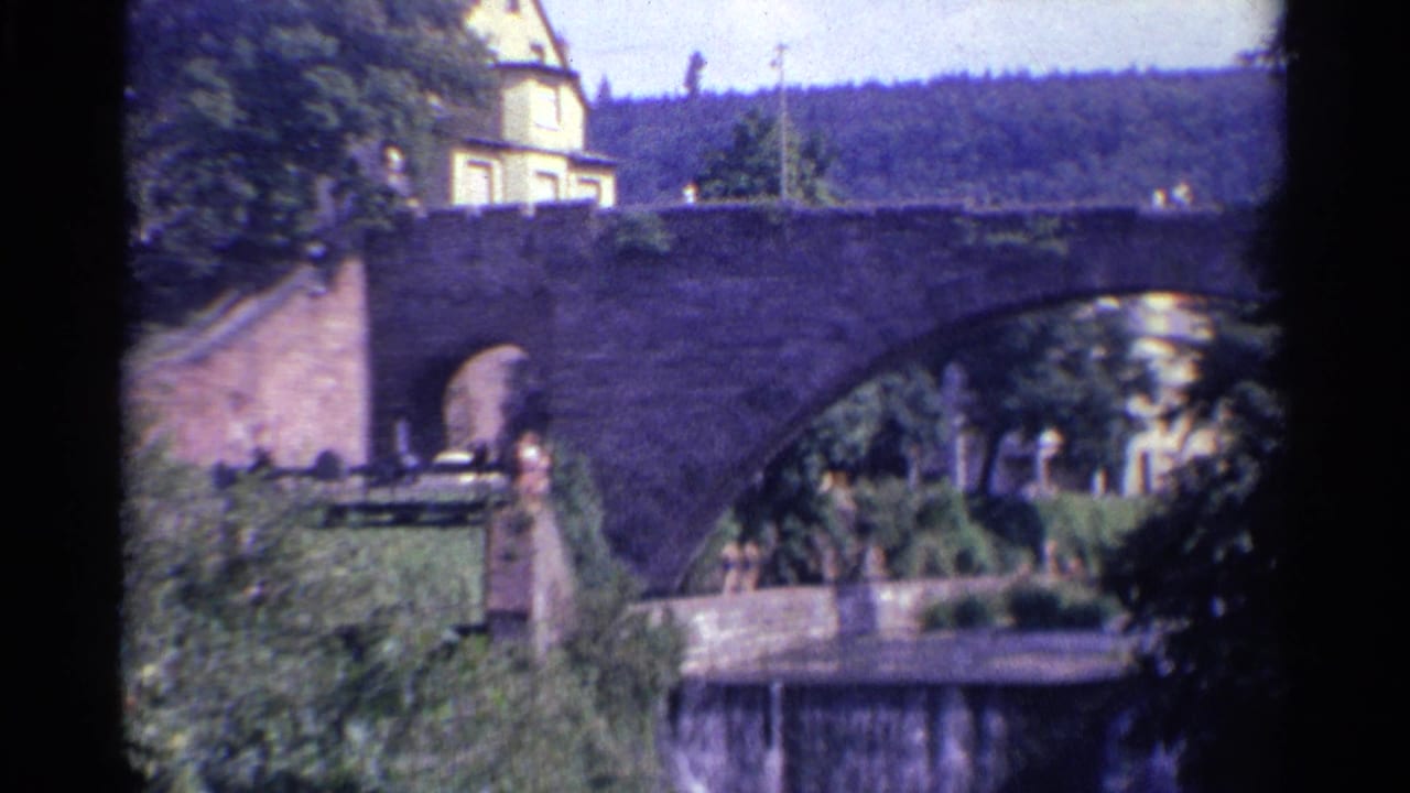 Stone bridge with trees, shrubs, distant walkers, and a light-colored building in the background.