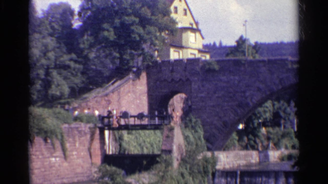 Man on a lower walkway beneath a large stone bridge near trees.