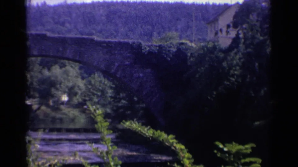 1961 Germany frame with a stone arch bridge crossing a river, leafy vegetation, a wooded hillside, and buildings partly visible behind trees.