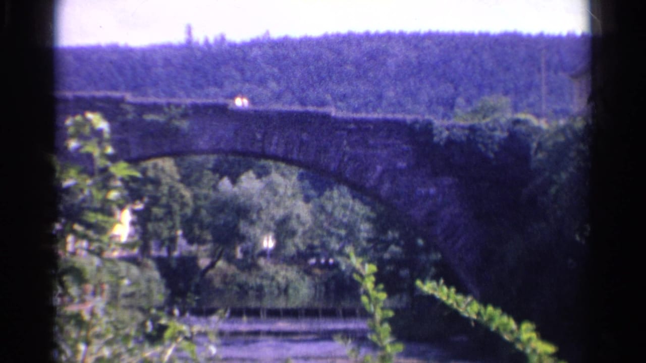 1961 Germany frame showing the stone bridge from a slightly shifted angle, with river water, leafy foreground growth, hillside trees, and a building edge.