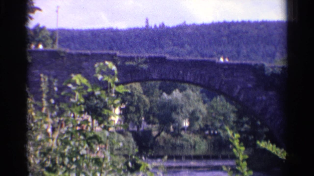 Stone bridge and river seen through foliage, with wooded hillside in the background.