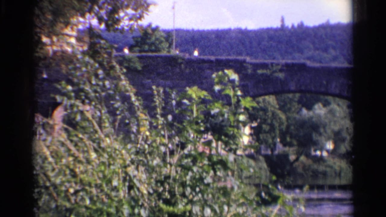 1961 Germany frame showing a stone bridge through dense leaves, with tiny figures possibly on the bridge and a wooded hill in the background.
