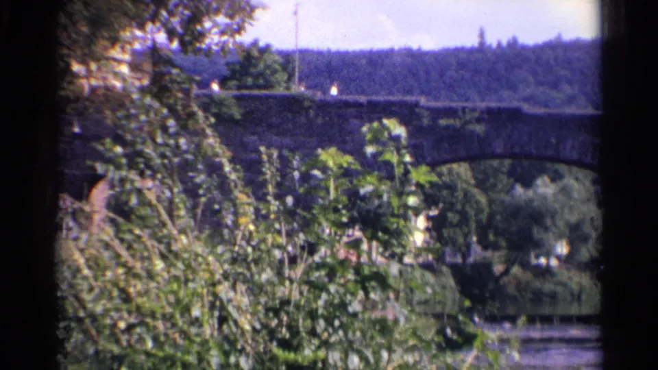 1961 Germany frame showing a stone bridge through dense leaves, with tiny figures possibly on the bridge and a wooded hill in the background.