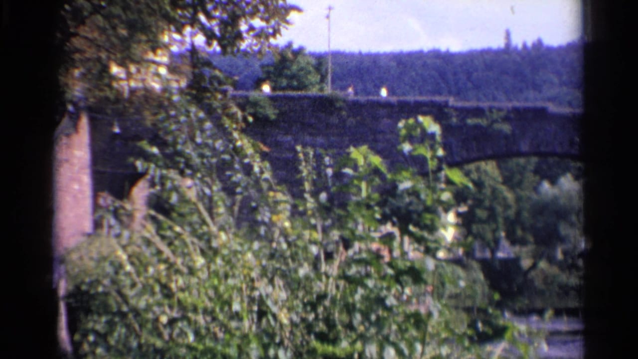 1961 German 8mm frame showing bushes in the foreground and a stone bridge crossing a river or stream beyond.