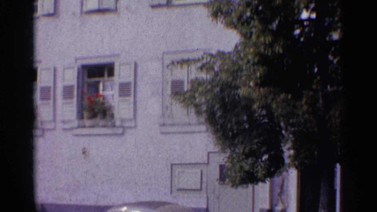 White stucco building with shuttered windows and a leafy tree at right.