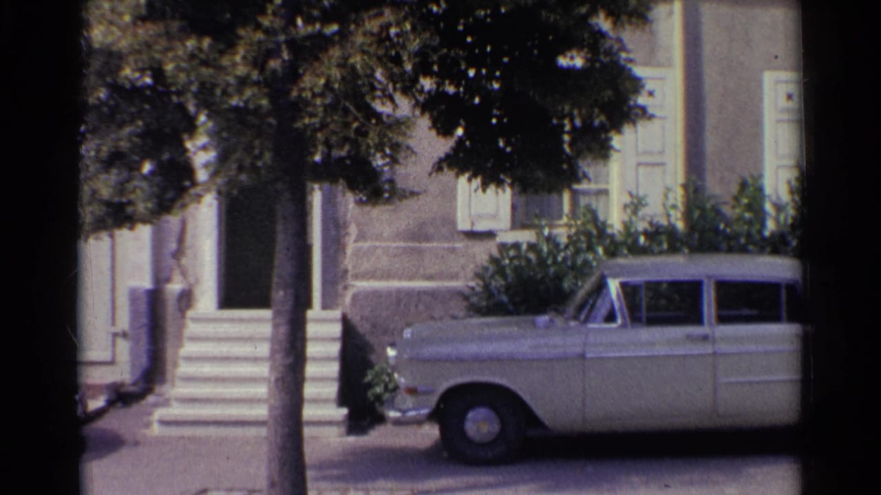 Final 1961 Germany frame with the sedan partly cropped near a tree, steps, shrubs and shuttered house facade.