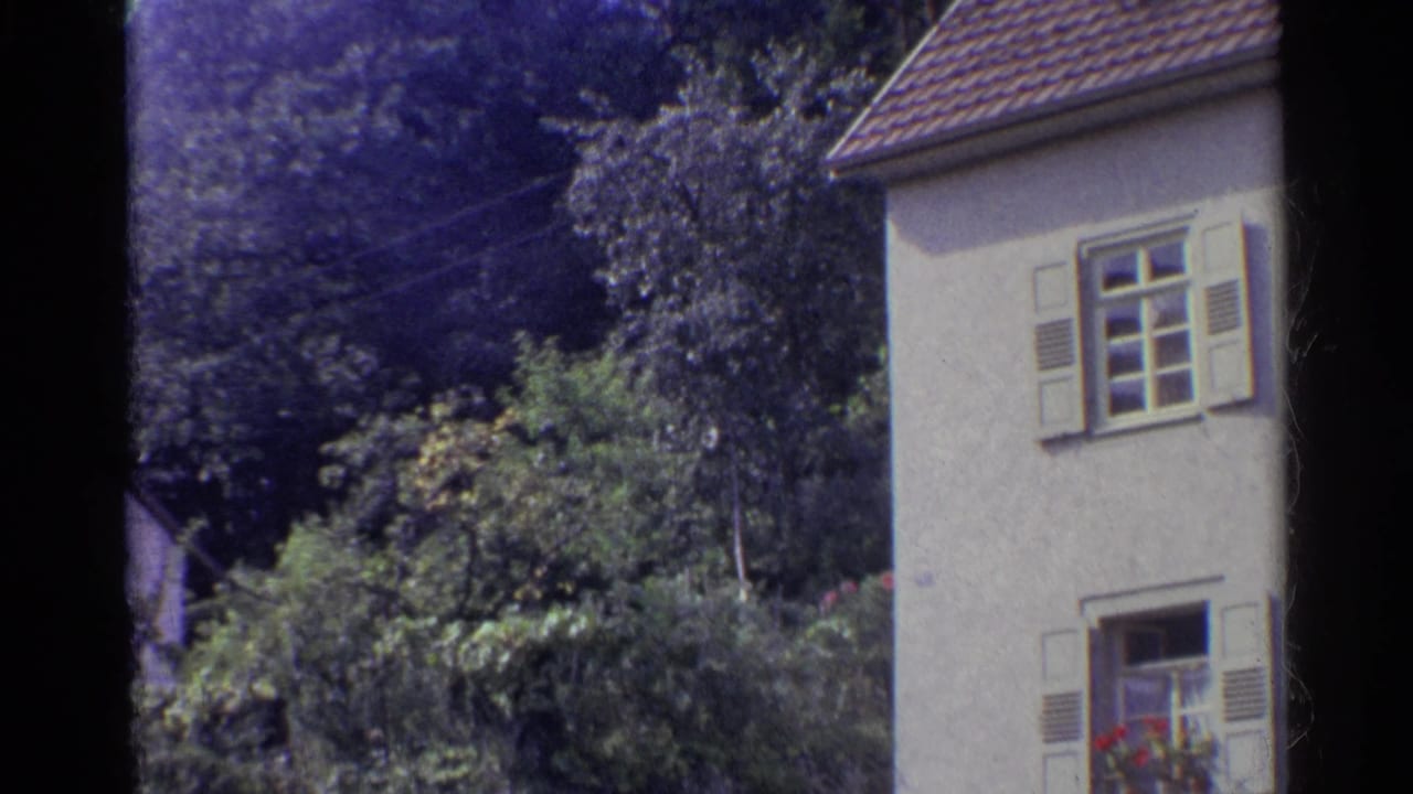 1961 German residential exterior with shuttered windows, a tiled roof, flower boxes, and surrounding garden foliage.