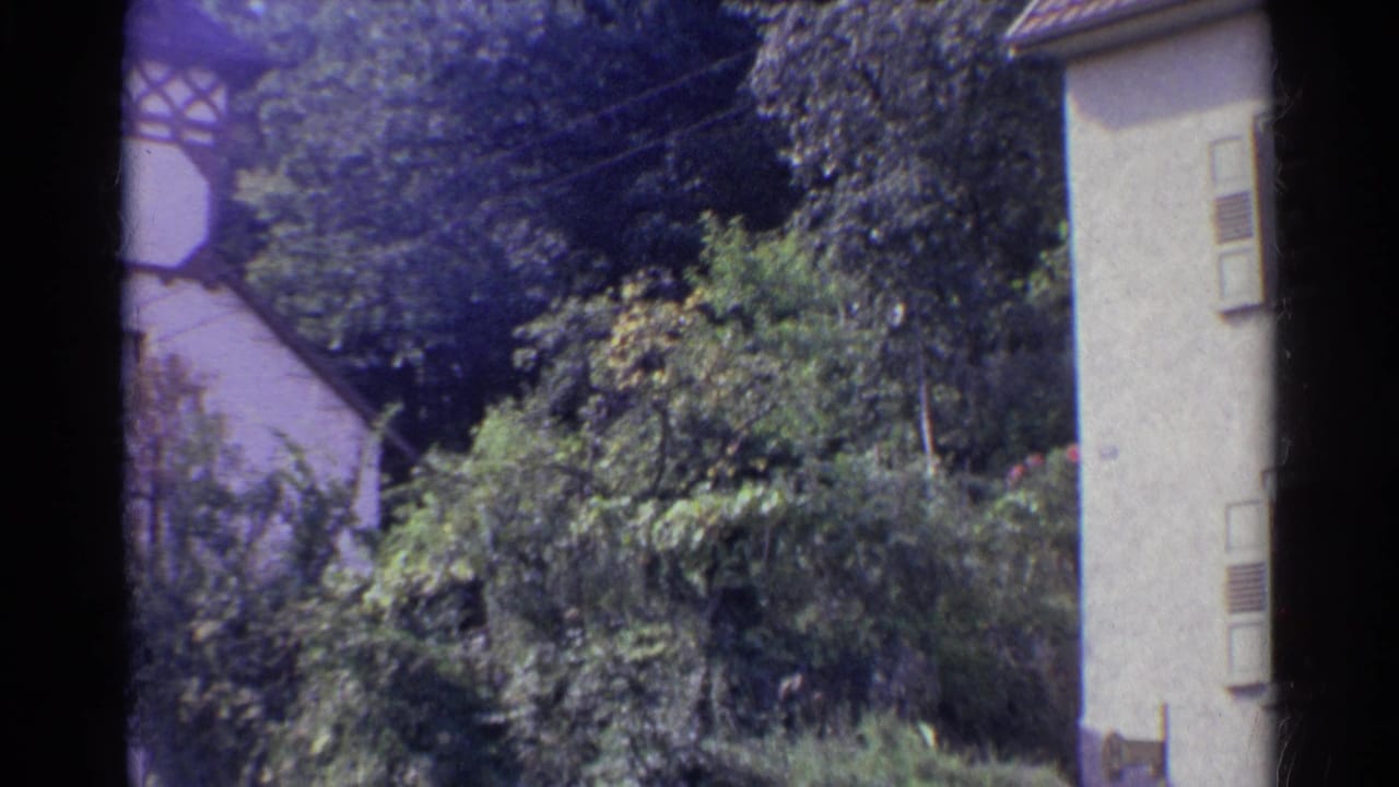 1961 German village exterior showing dense greenery, a partial shuttered house, and a roofline behind the trees.