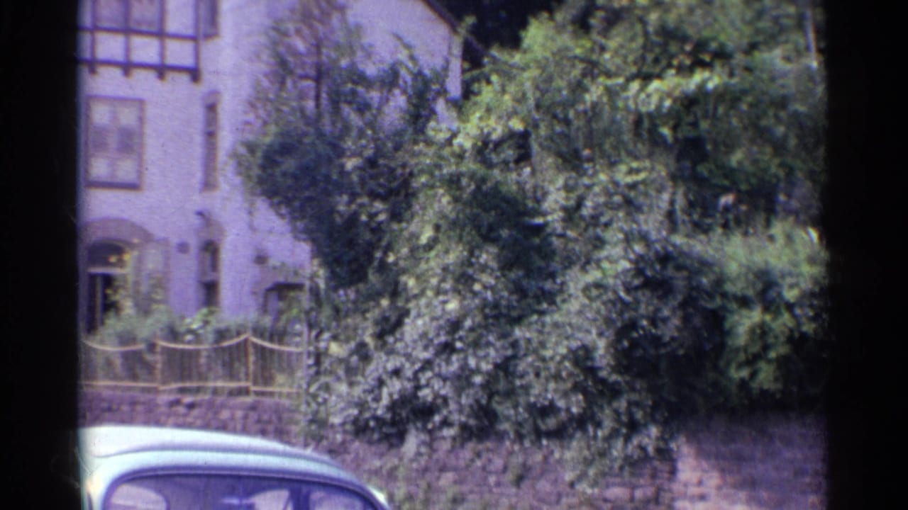 1961 Germany residential street frame with a light-colored older car, stone wall, garden shrubs, and a pale house entrance.
