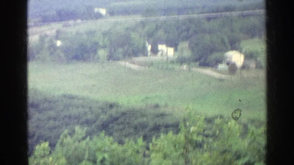 Soft 8mm view of 1961 German countryside, with fields, distant farm buildings, a road, and leafy foreground vegetation.