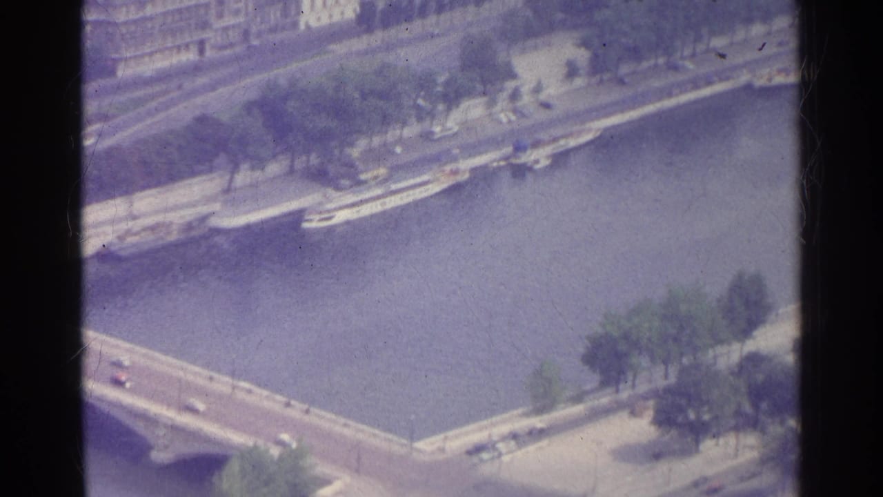 Aerial view of a bridge over the Seine with boats along the quay and buildings beyond.