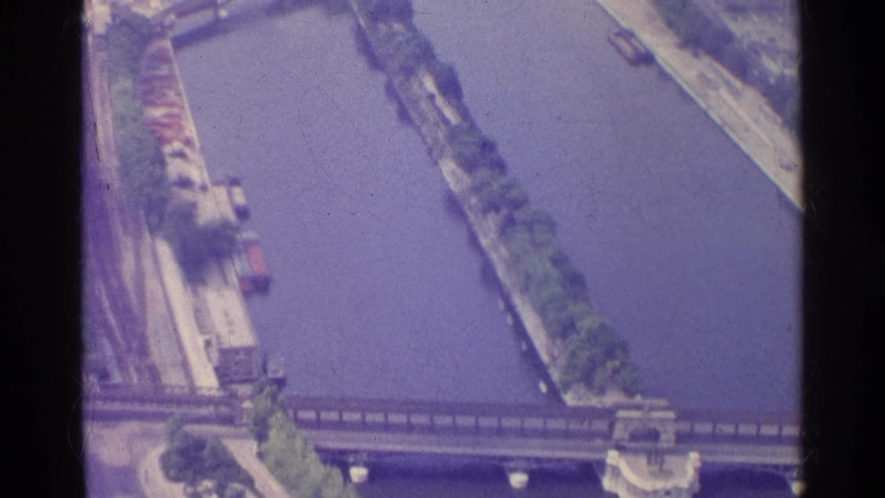 Aerial view of the Seine River with a bridge and tree-lined banks.