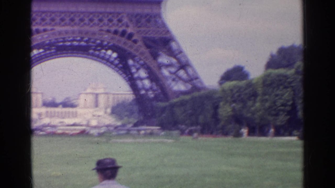 Eiffel Tower base and distant buildings seen across a lawn with a visitor near the bottom edge.