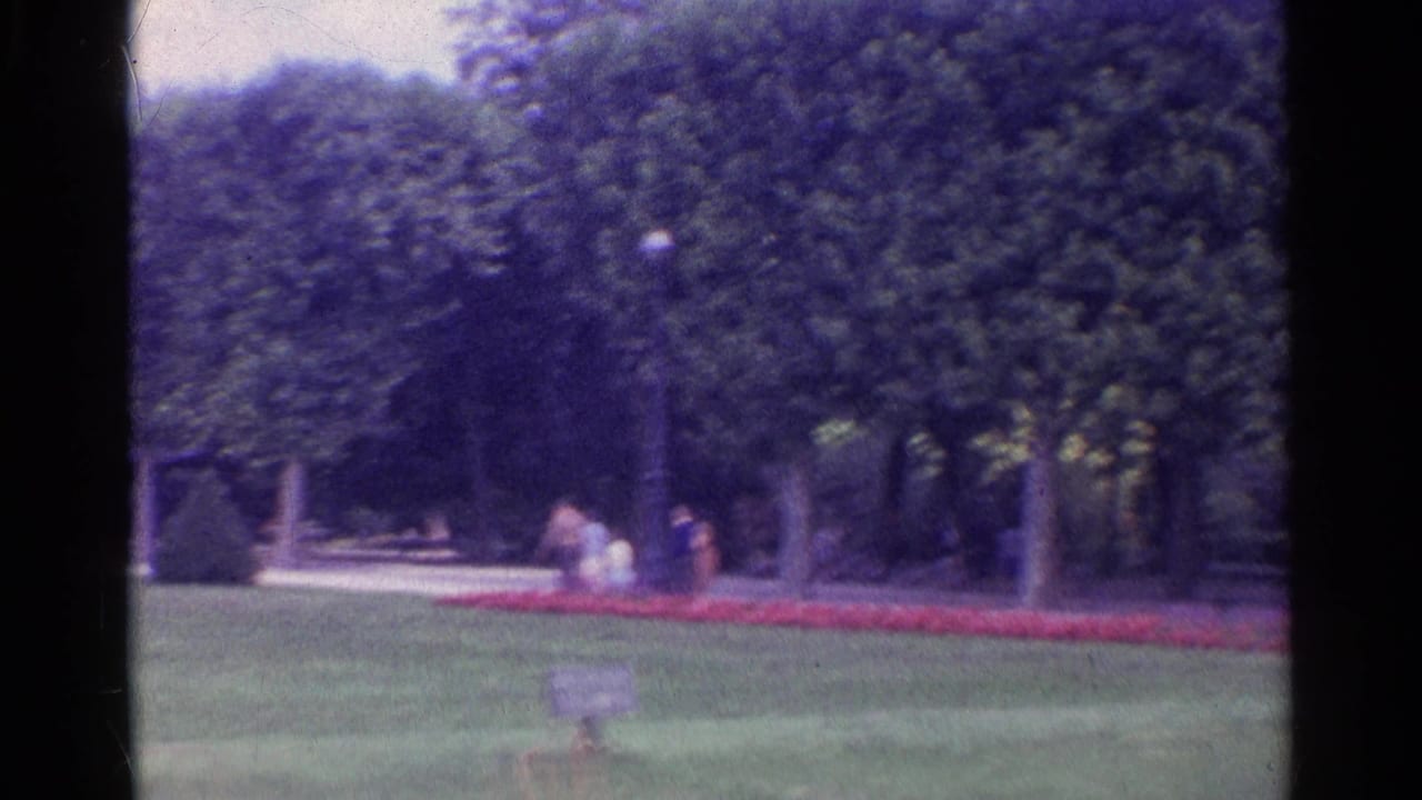 1961 Paris park view with lawns, rows of trees, red flowerbeds, and people walking in the distance.