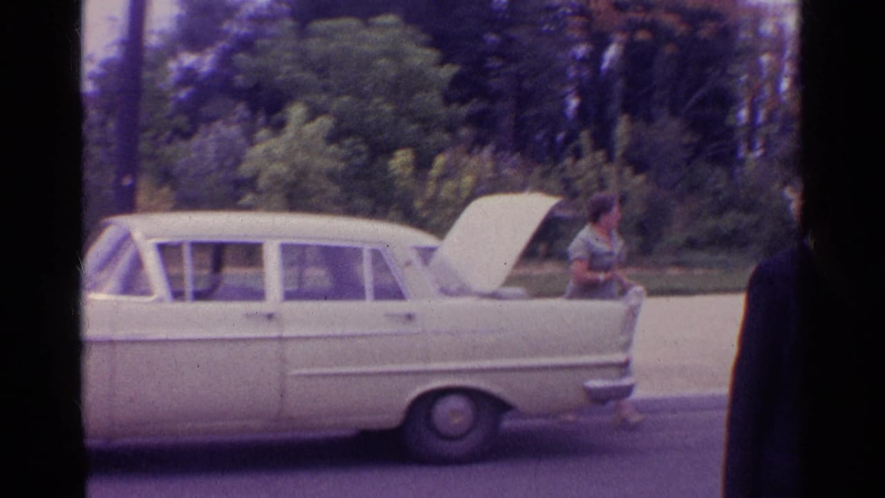 Light-colored sedan parked roadside with hood open and a person near the engine.