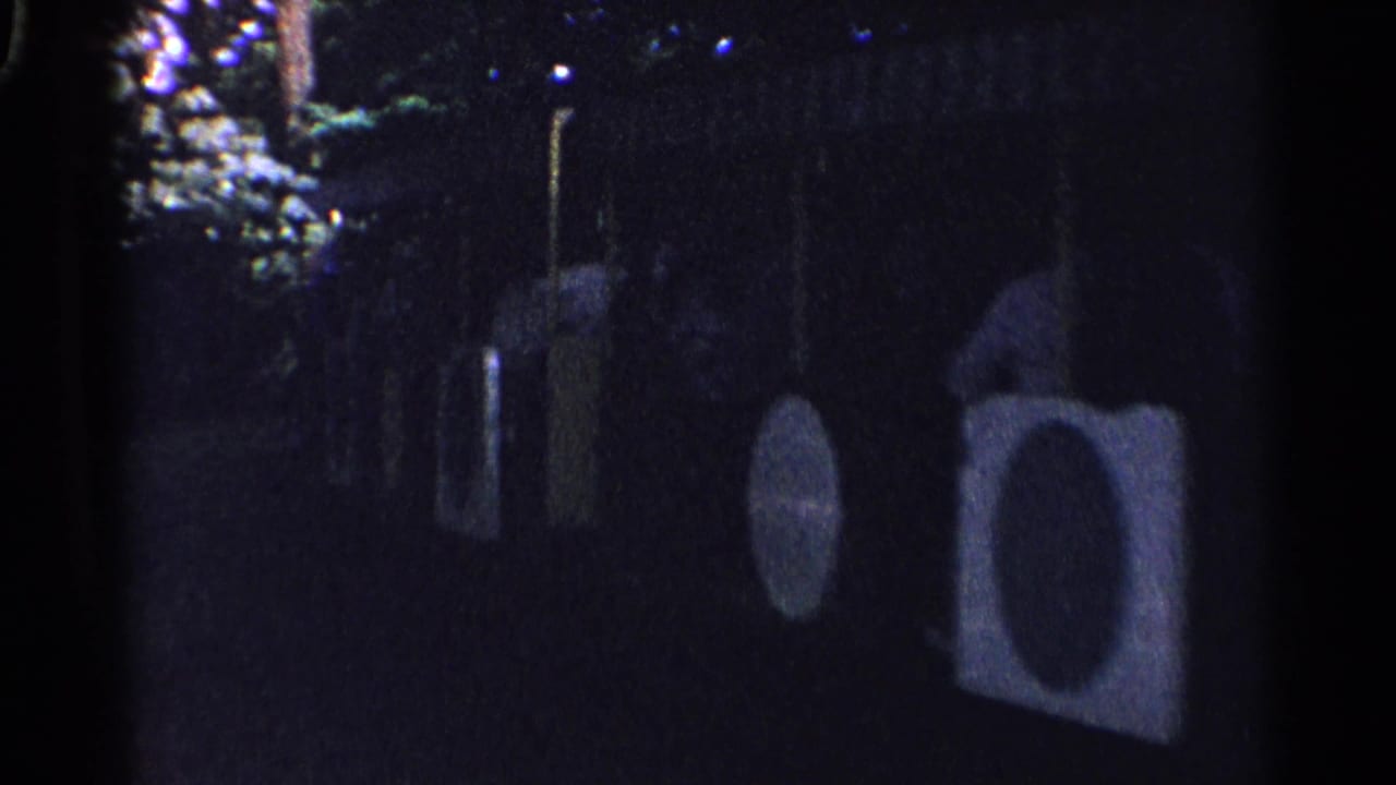 Dark outdoor scene with circular and rectangular forms near foliage.