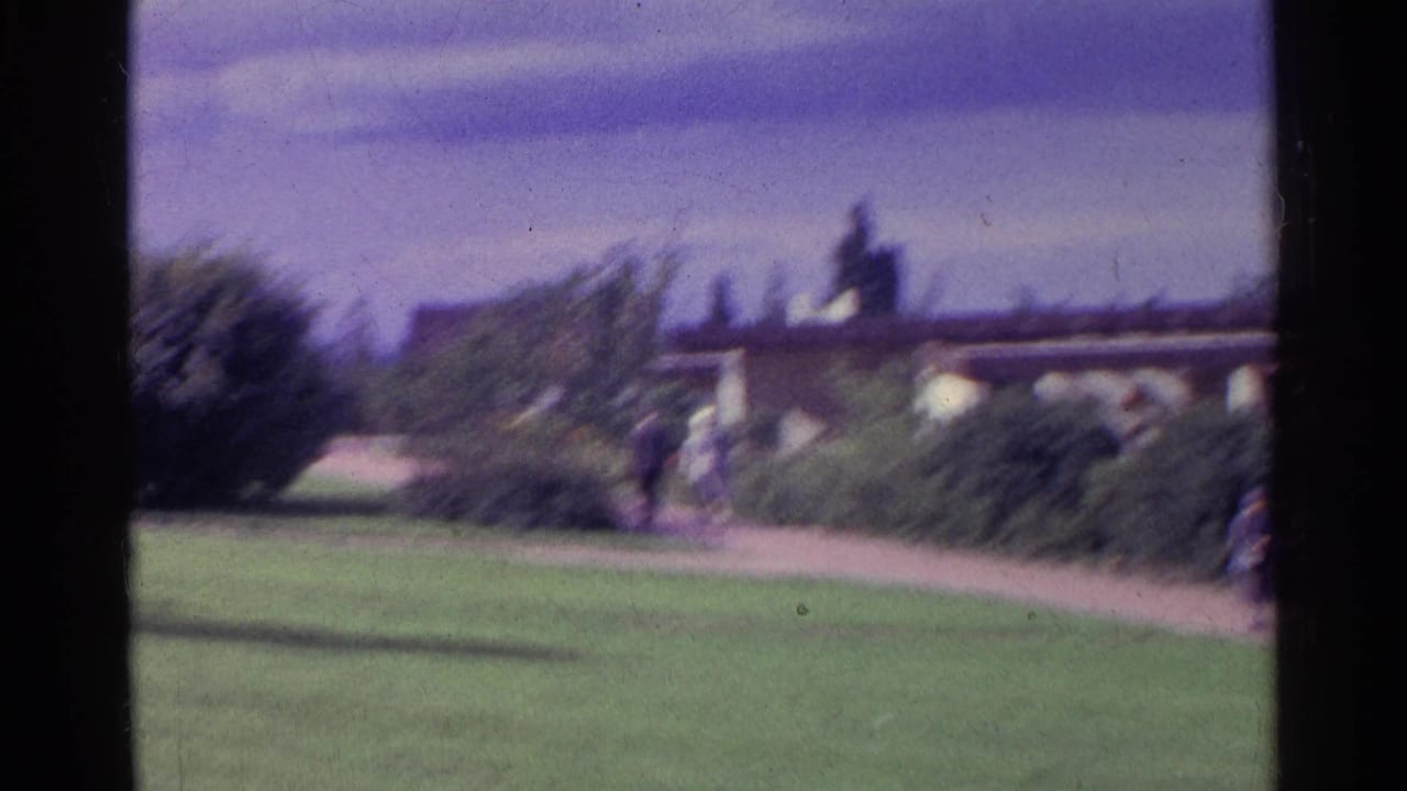Soft 1961 Swiss park frame showing lawn, path, shrubs, and visitors near a bridge-like garden structure.