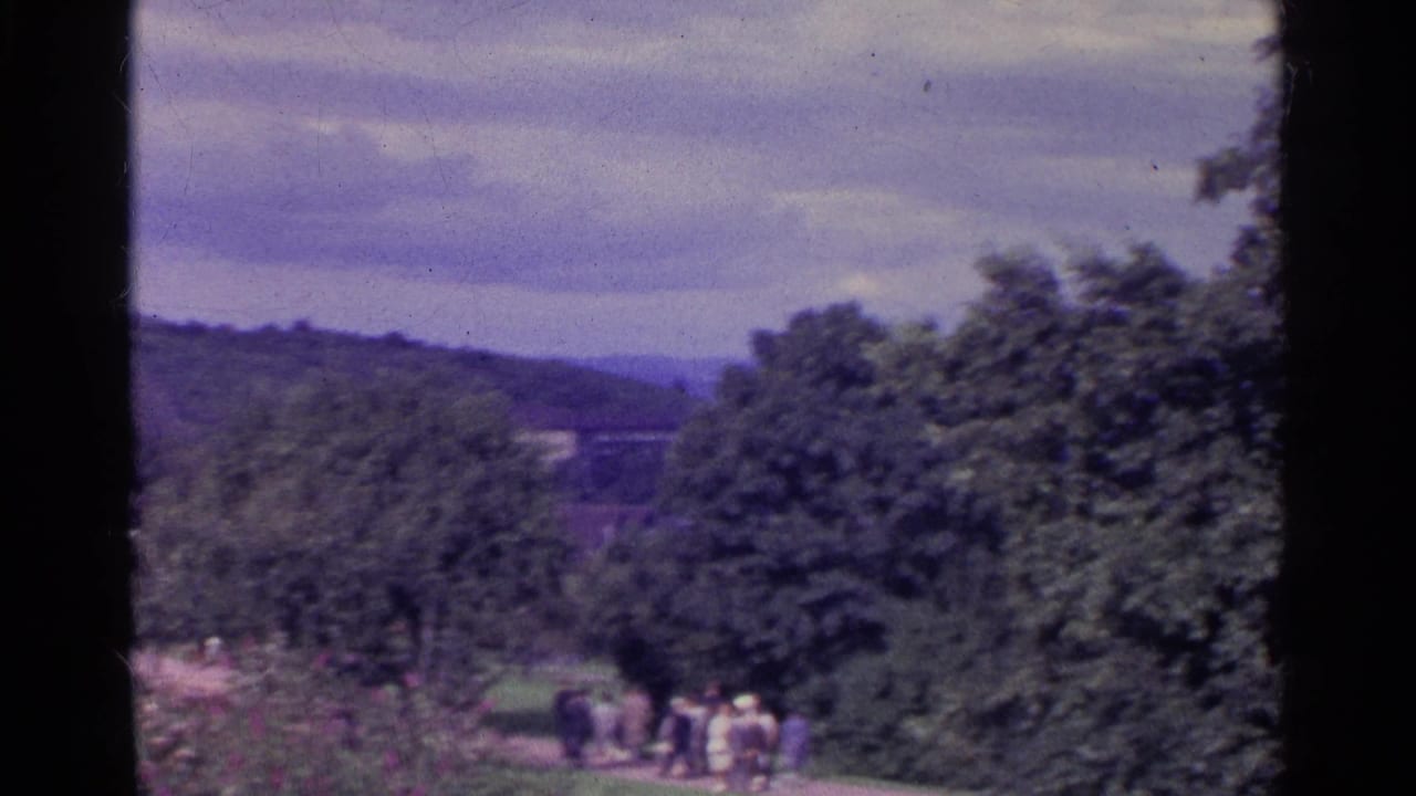1961 Swiss home-movie view across trees and hills, with a small distant group walking near the lower edge.