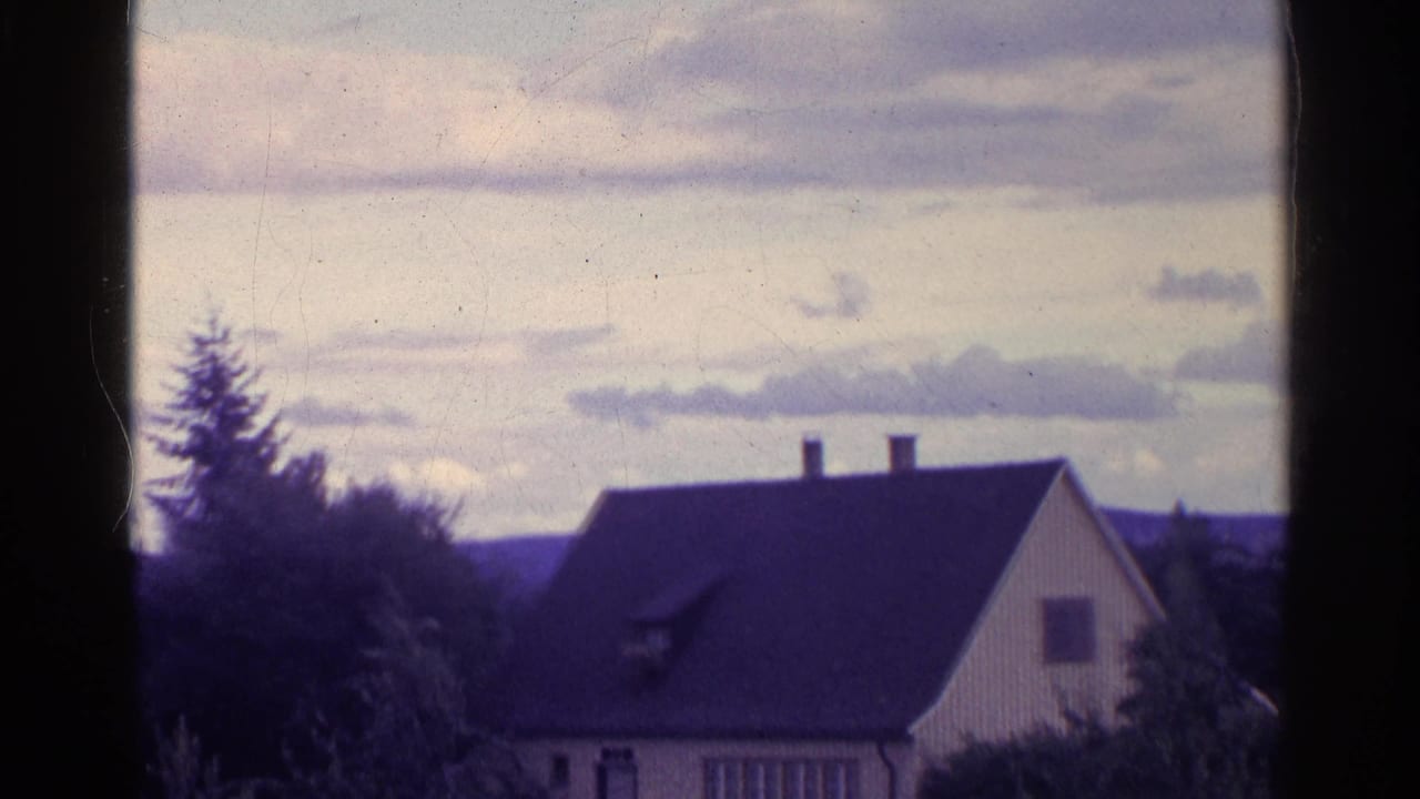 1961 Swiss countryside view through a window, with pale clouds, pitched house roofs, trees, and a distant horizon.