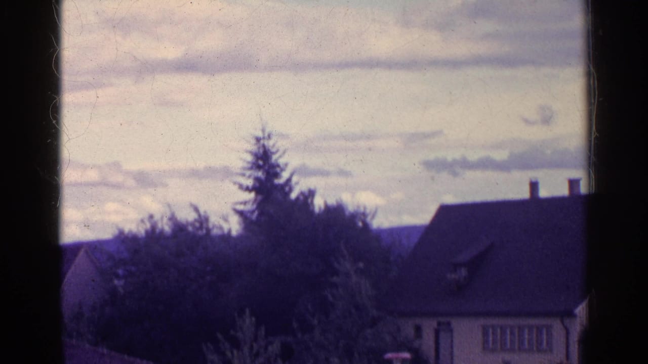 Swiss rural houses and trees sit below a soft clouded sky, with dark vertical window framing in the foreground.