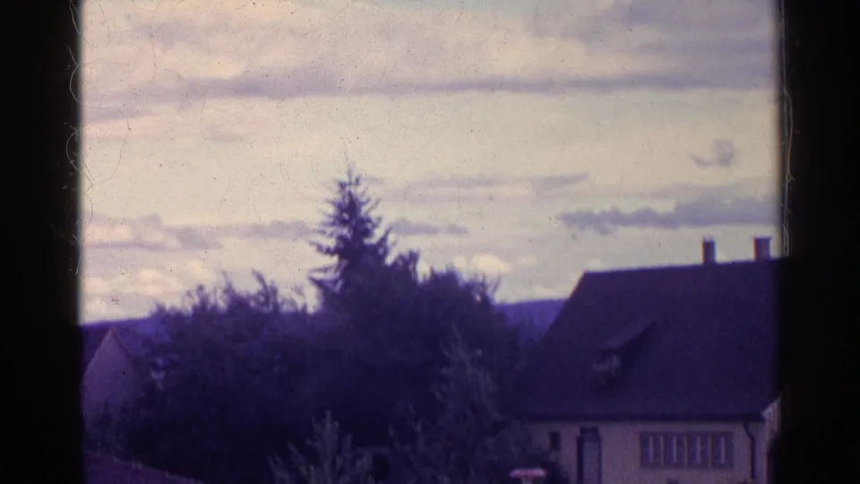 Swiss rural houses and trees sit below a soft clouded sky, with dark vertical window framing in the foreground.