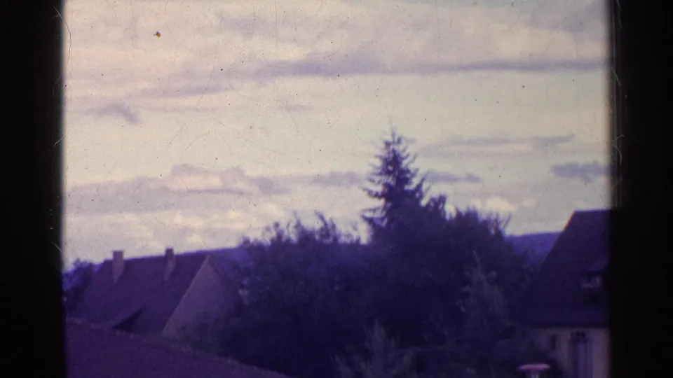 A 1961 Swiss countryside frame shows rooftops and dense trees under a pale, cloud-filled sky.