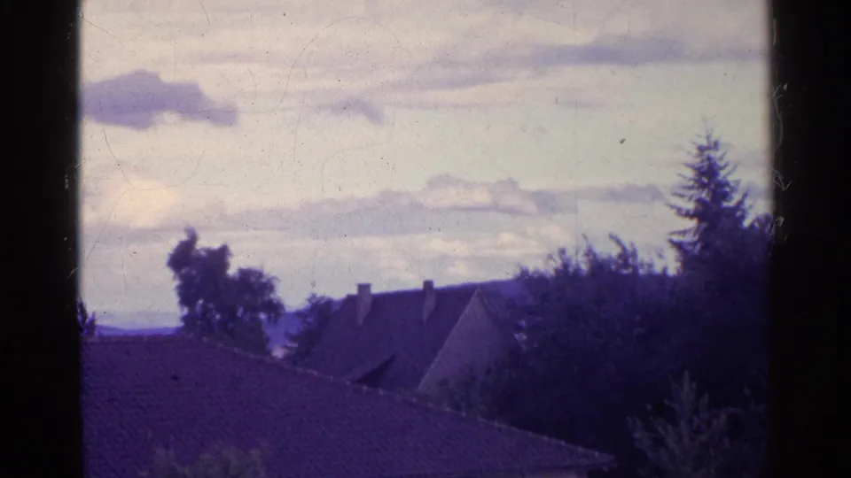 Swiss countryside rooftops and trees appear under a pale layered sky, with a dark window frame at the side.