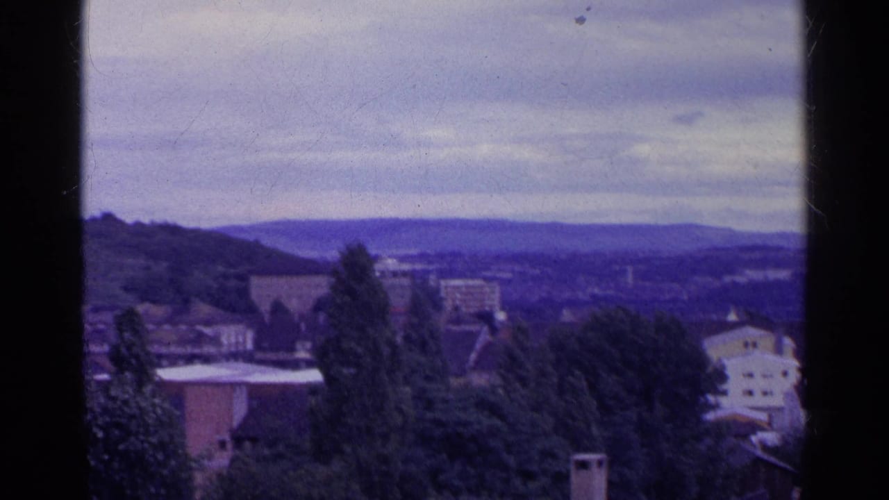 1961 Swiss home-movie frame showing foreground trees, rooftops, low hills, and a distant townscape under overcast light.