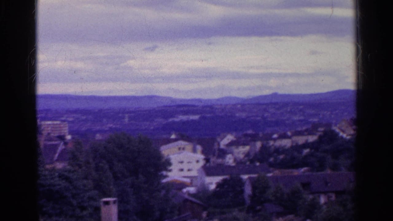 1961 Swiss valley scene with houses, trees, distant low mountains, overcast sky, and soft purple-blue 8mm color shift.