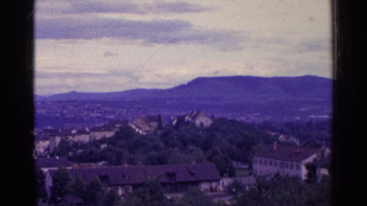 1961 Swiss village landscape showing low buildings, wooded foreground, valley haze, broad mountain ridge, cloudy sky, and 8mm softness.
