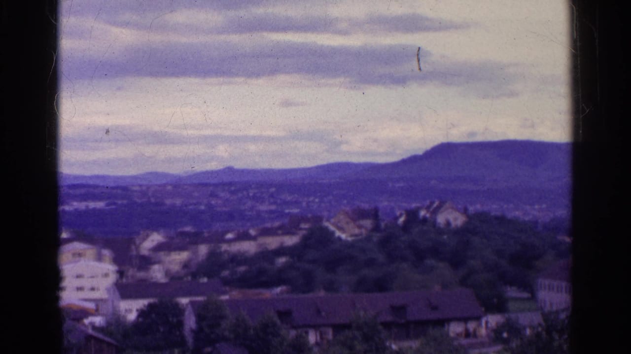 1961 Swiss village and valley view with houses, trees, distant mountain ridge, cloudy sky, visible grain, and dark 8mm borders.