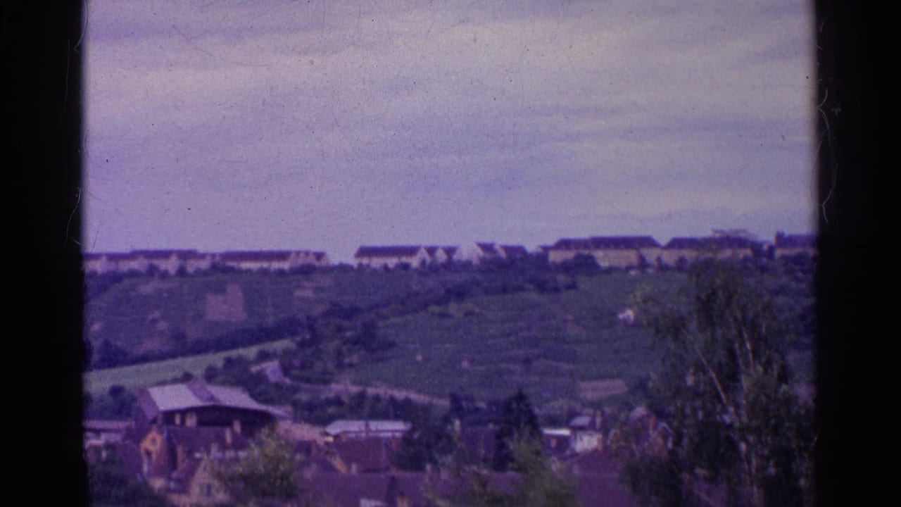 1961 8mm Swiss valley frame showing houses, green fields, trees, distant low buildings, and a pale cloudy sky.