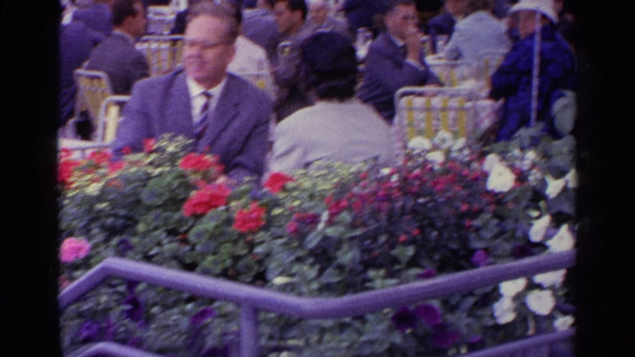 A man in a suit sits at a Swiss outdoor cafe table as colorful flowers and a purple rail fill the foreground.