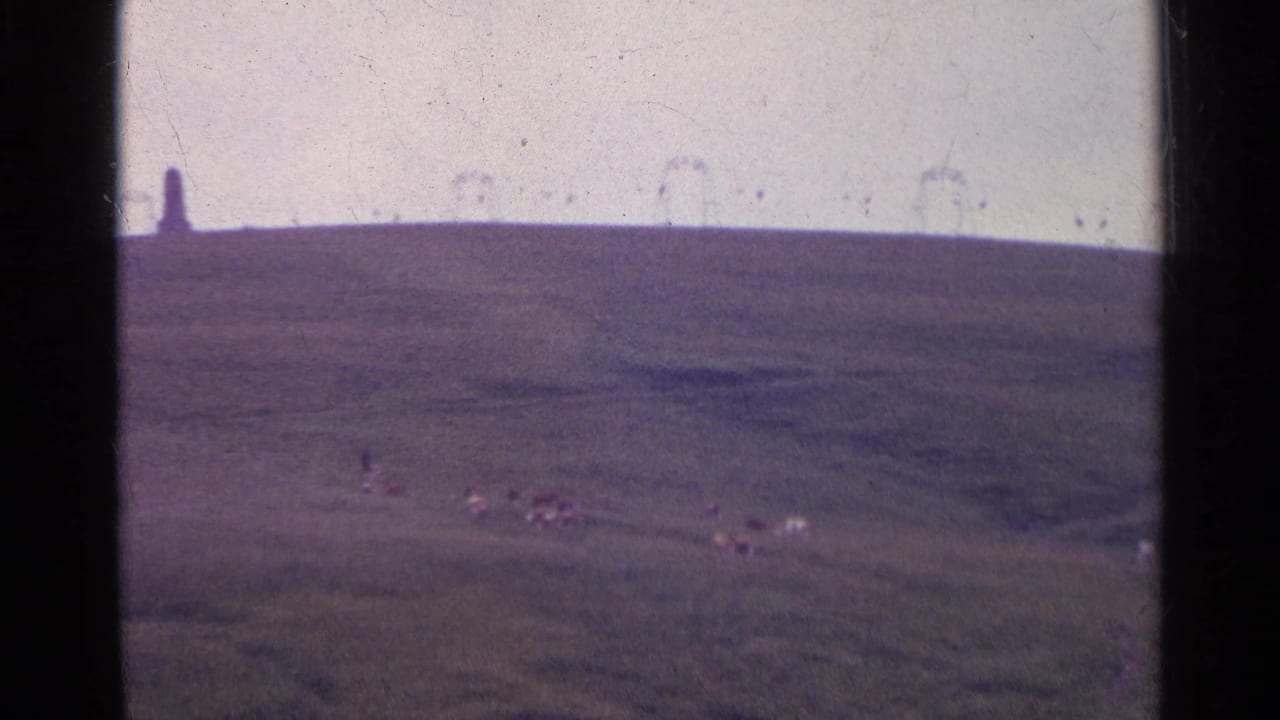 Distant ridge with sheep on the slope and an upright form on the horizon.