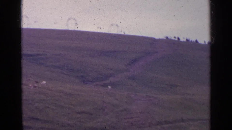 1961 Switzerland home-movie frame looking across a soft green hillside with a few sheep near the lower slope.