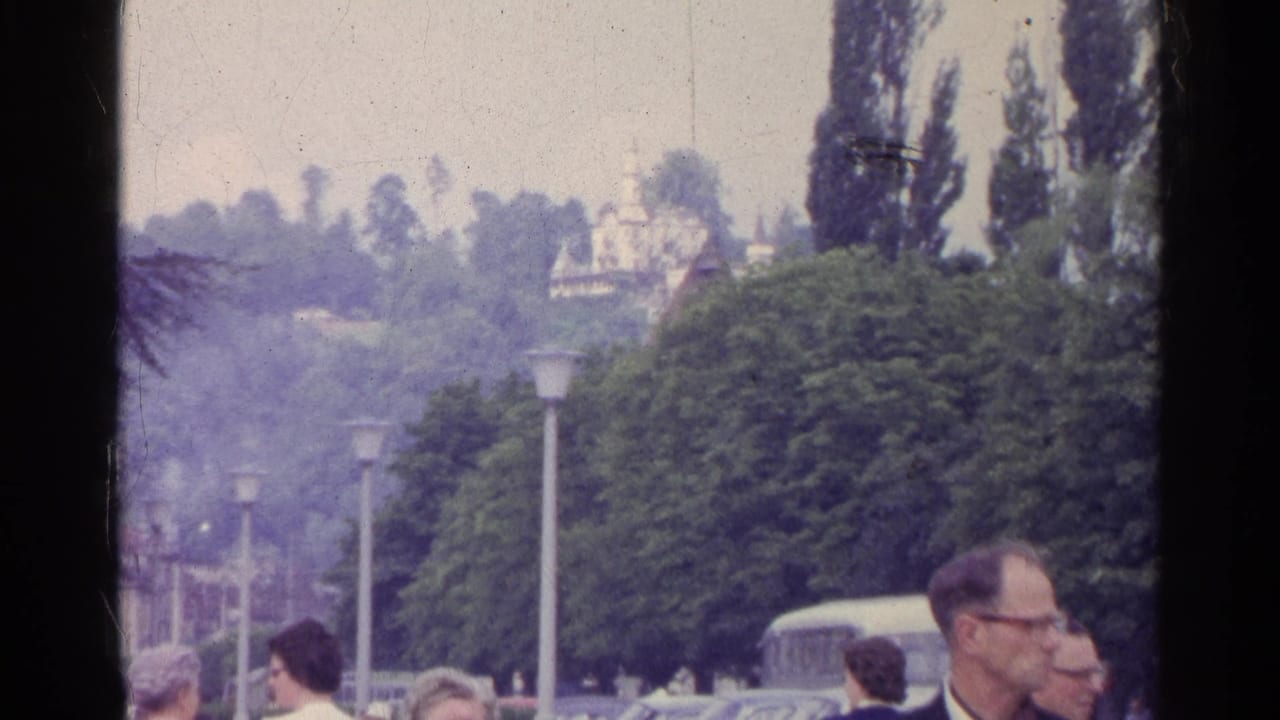 Swiss town street view with pedestrians near a bus, leafy trees, street lamps, and distant hillside architecture.