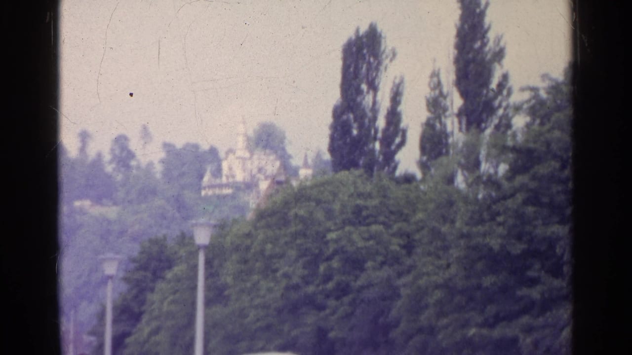 1961 Switzerland frame with trees, street lamps, distant cars, and a pale building seen through soft 8mm color fading.