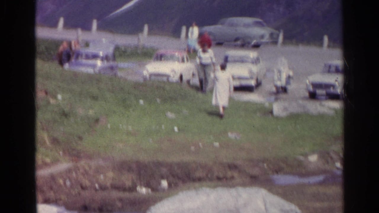 Tourists and parked cars beside a mountain road.