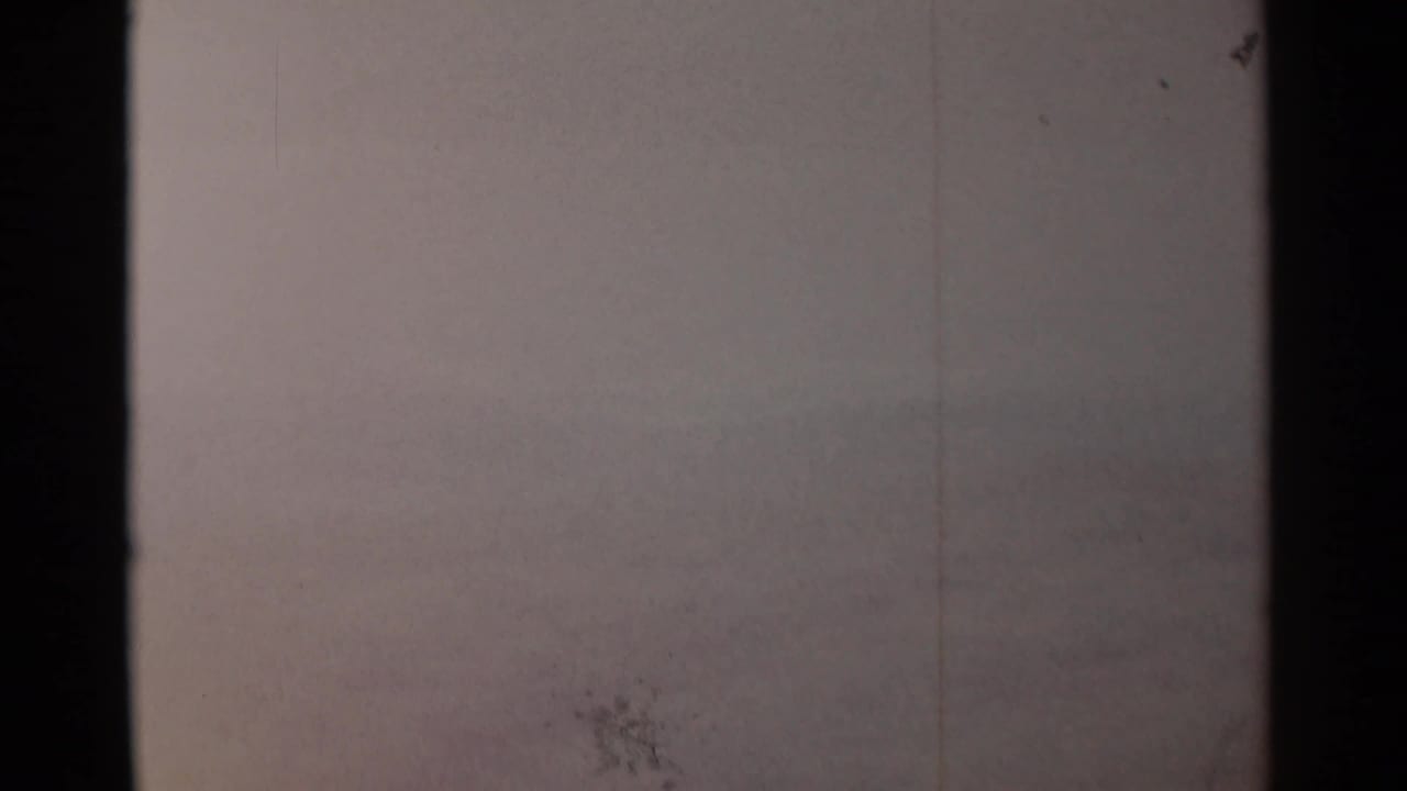 Hazy wooded hills and muted sky seen through aged 8mm film marks.