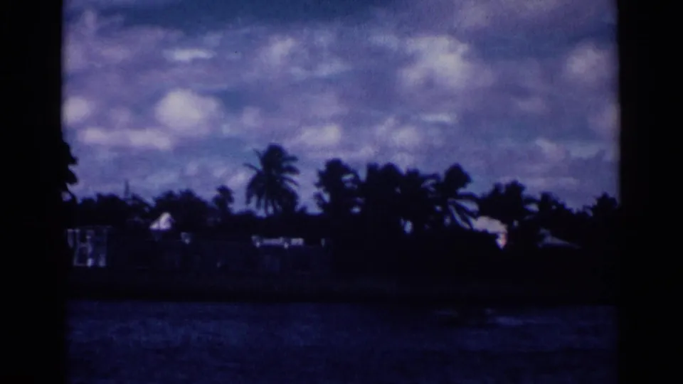 1963 Nassau waterfront frame with palm silhouettes, low shore buildings, dark rippled water, and a clouded blue-purple sky.
