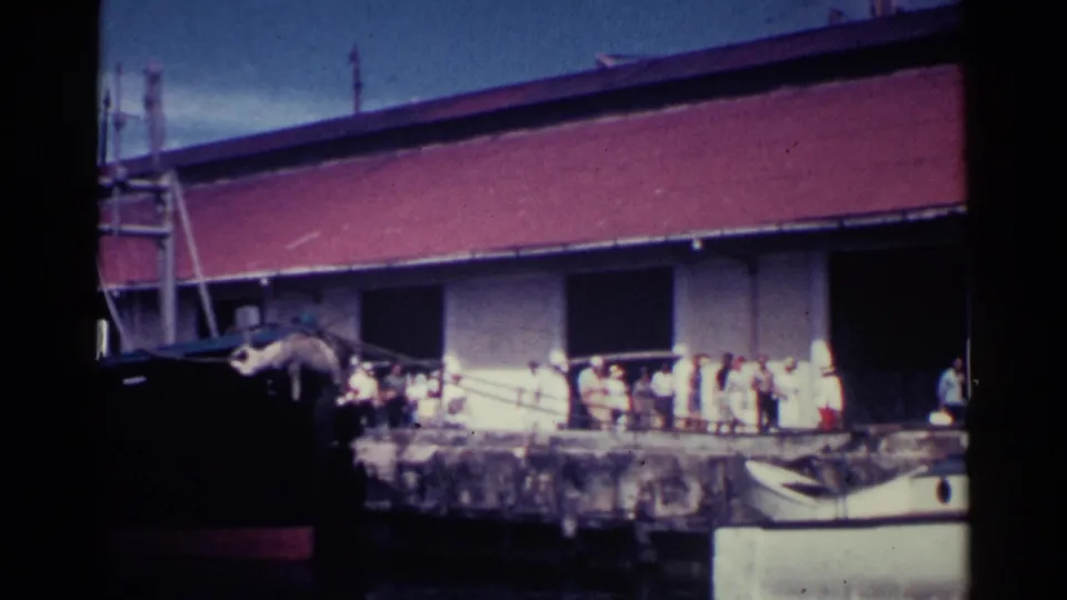 Nassau dock workers stand near open bays of a red-roofed waterfront building, with part of a moored vessel at left.